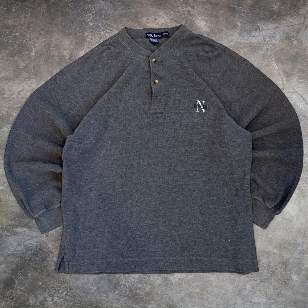 Vintage Nautica Gray Waffle Knit Thermal Henley Shirt Men's XL Skater 90s Y2K